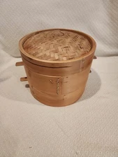 Vintage Bamboo Steamer Dumpling Maker Two Tier Hand Woven 10x8 