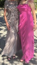 Adrianna Papell Beaded Short Sleeve Floral Beaded Gown Taupe Pink Sz 10