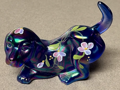 Vintage FENTON Iridescent Blue Happy Puppy Figurine-Hand painted & Signed!