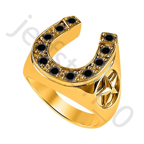 0.50Ct Lab Created Black Spinel 14K Yellow Gold Over 2-Star Horseshoe Men's Ring - Picture 2 of 6