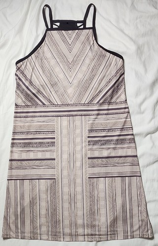 Prana Damen Kleid beige schwarz abstrakt geometrisch Gr. XL Träger ärmellos