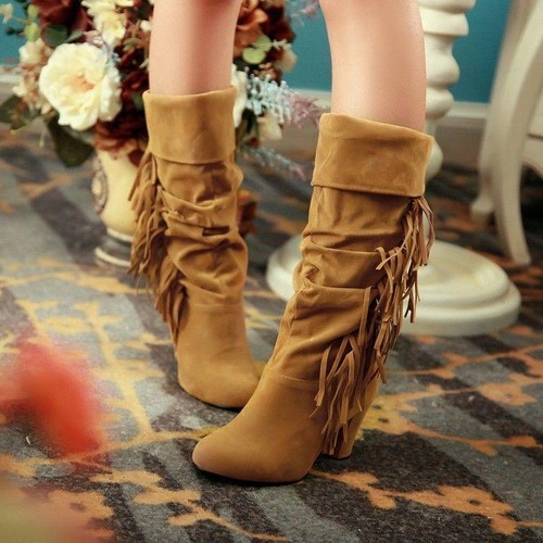 Ladies Womens Block High Heel Mid Calf 