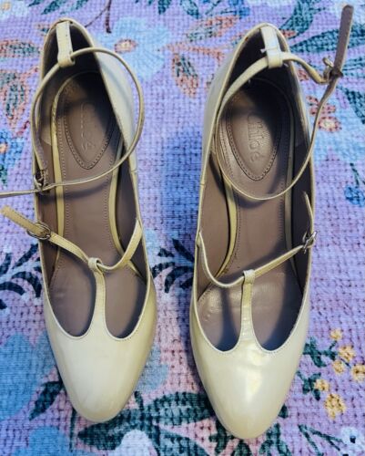 New Chloe Patent Leather Beige Heels Shoes Size 5.5/36 - Picture 3 of 15