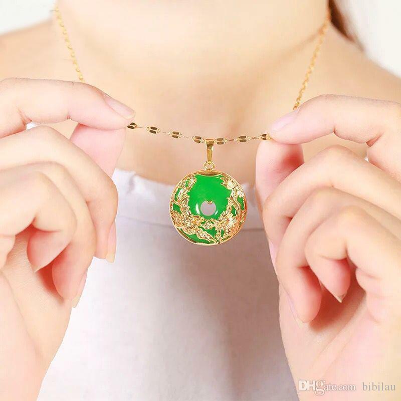24K Gold Plated Dragon Phoenix Pendant Malaysia Jade Jewelry Chain
