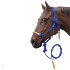 New TOUGH-1 HORSE SIZE RAWHIDE NOSEBAND POLY NYLON ROPE HALTER W/ LEAD Blue