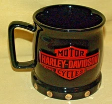 HARLEY DAVIDSON MUG BLACK ORANGE SILVER RIVETS GRAPHIC XRESS ENCORE COFFEE CUP.