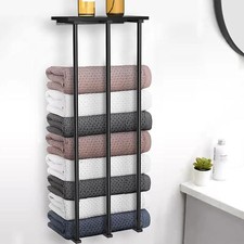 Wall Mounted Towel Racks, 3 Bar Rolled Towel Storage Holders w/Wood Top, 6 Hooks