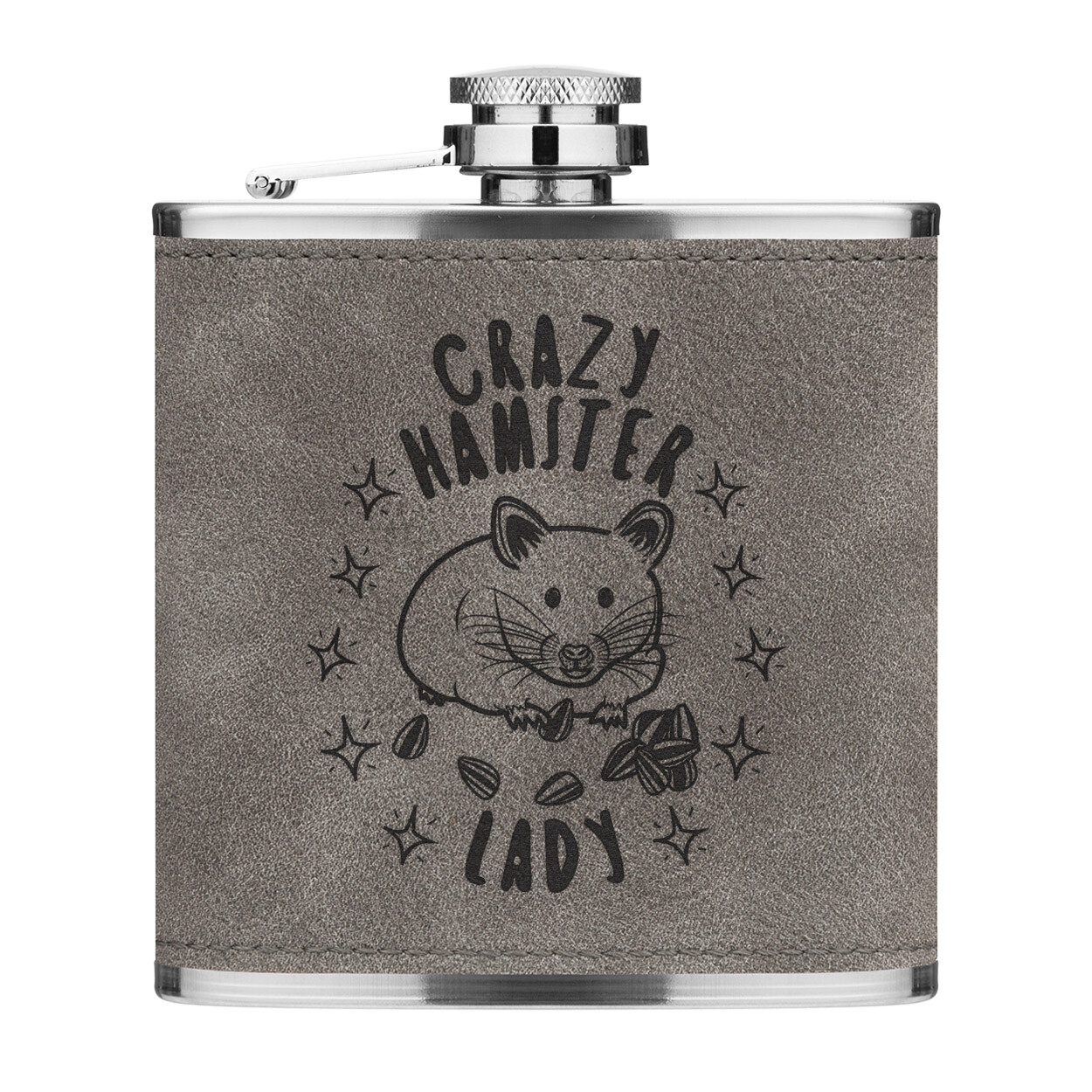 Crazy Hamster Lady Stars 6oz PU Leather Hip Flask Grey Funny Animal