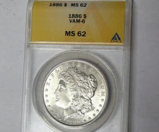 ANACS MS62 1886 Morgan Silver Dollar VAM-6 Choice BU Philadelphia Mint