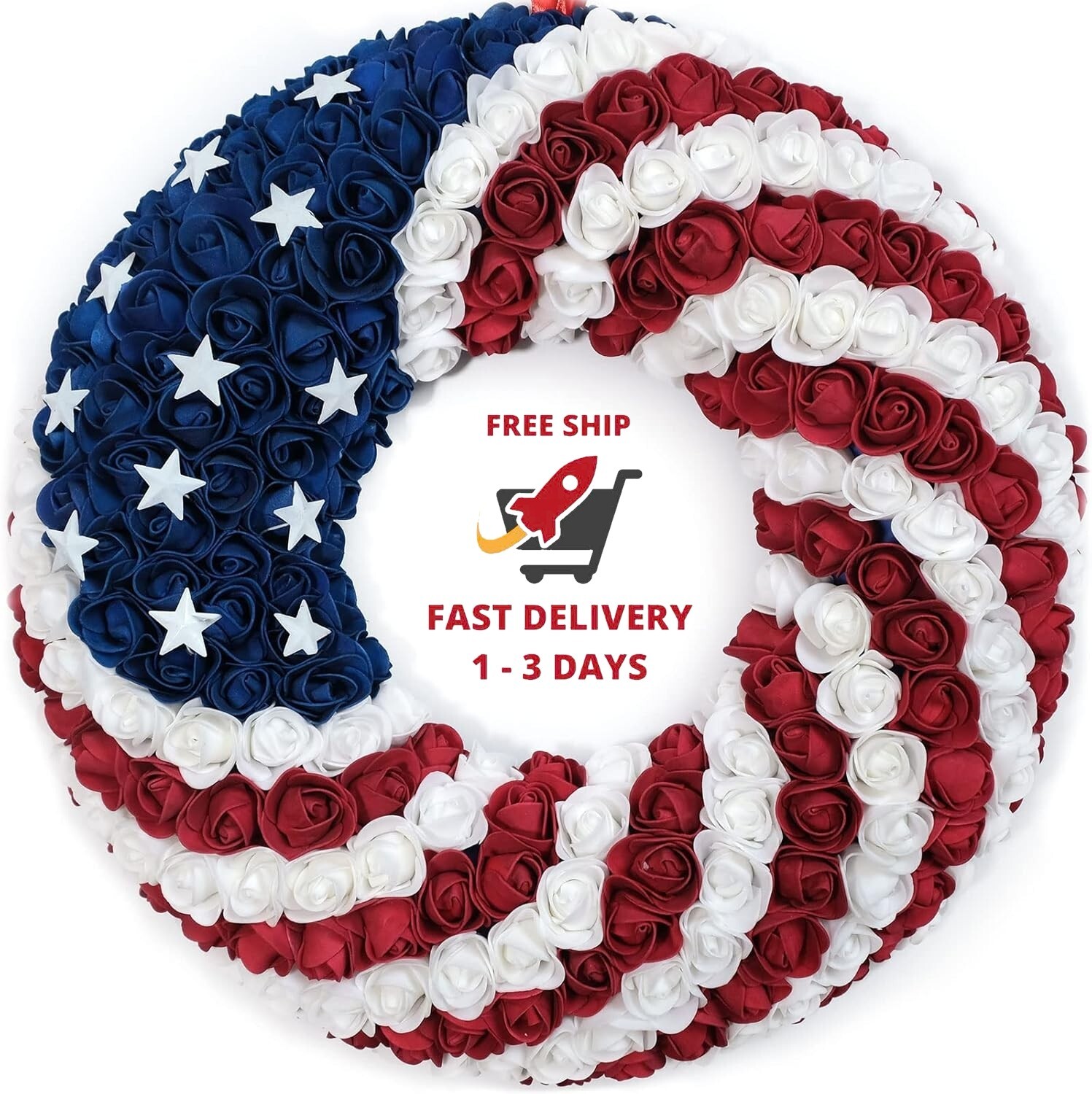 Corona de rosas patrióticas de 45 cm en espuma suave y cómoda