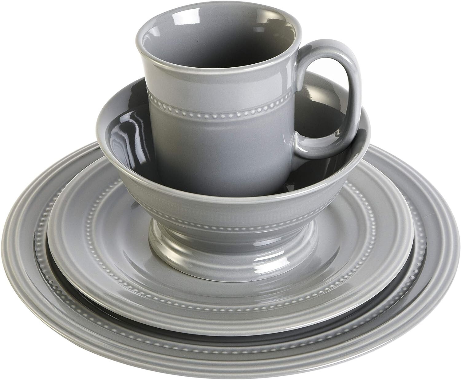Gibson Elite Barberware 16 Piece Gray Dinnerware Set for 4  Footed Mugs & Bowls