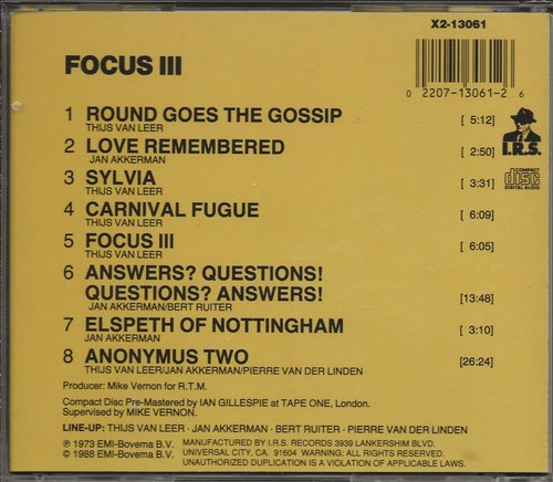 FOCUS - Focus 3 (I.R.S. Records #X2-13061 - USA, 2001) - Imagen 2 de 2