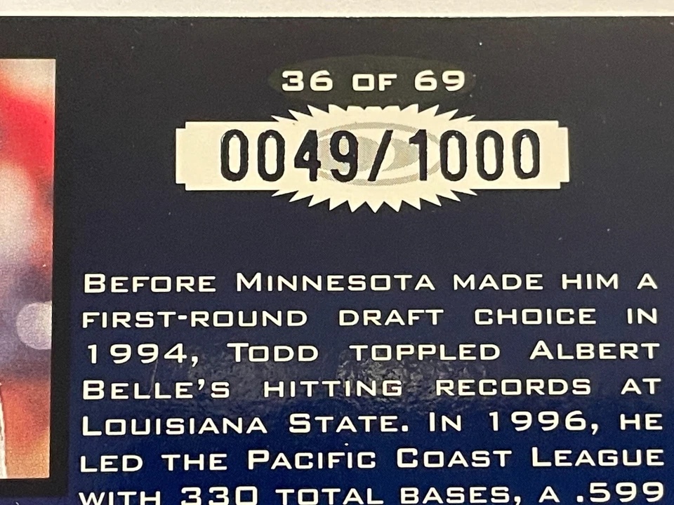 1997 Donruss Limited Baseball Fabric of the Game #/1000 - Todd Walker - Twins - Image 3 of 3