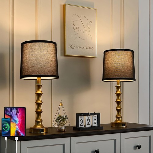 Gold Table Lamp 24" Nightstand Lamps Set of 2 Bamboo Shape Base Metal Desk La... - Picture 7 of 8