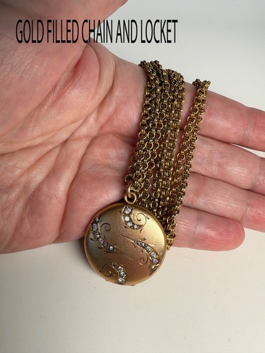 Antique 54 Inch Gold Filled Rolo Guard Chain With W&H Co. G.F. Rhinestone Locket - 第 2/10 張圖片