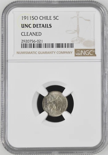 Chile, 5 Centavos 1911, NGC UNC details. Scarce date. Silver coin