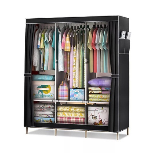 LARGE FABRIC CANVAS WARDROBE WITH HANGING RAIL SHELVING CLOTHES STORAGE CUPBOARD - Picture 14 of 16