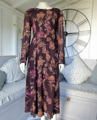 Vintage Laura Ashley Brown Floral Shirt Midi Wool Blend Dress 12