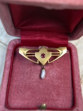 Jugendstil Brosche Gold 333 8K Perle Glasstein ? Granat ? Schmuck antik