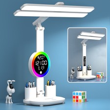 Foldable LED Desk Lamp Reading Light W/ Stepless Brightness Time Display USB