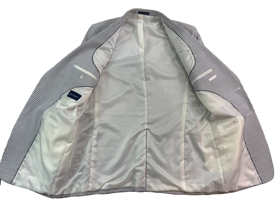 NUEVO Traje Paul Fredrick 46XL L 40x32 gris blanco rayas 3 piezas Seersucker algodón Foto 4 de 4
