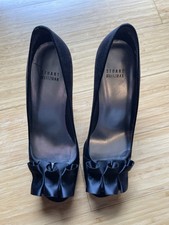 STUART WEITZMAN Black Satin Peep Toe Pumps, Pleated Bow Women s Sz 7.5