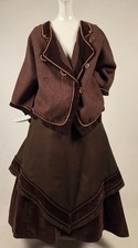 LG SIZE EARLY EDWARDIAN CHECK WOOL WALKING SUIT W VELVET SOUTACHE CORD DETAIL