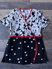 Disney Minnie Mouse Womens Small Scrub Top Tie Black White Red 100 Cotton