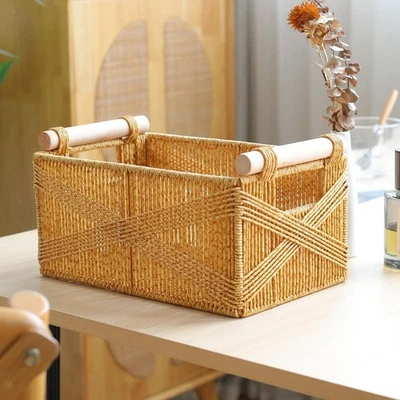 Panier de rangement en rotin synthétique, poignées en bois massif, léger et - Photo 1/4