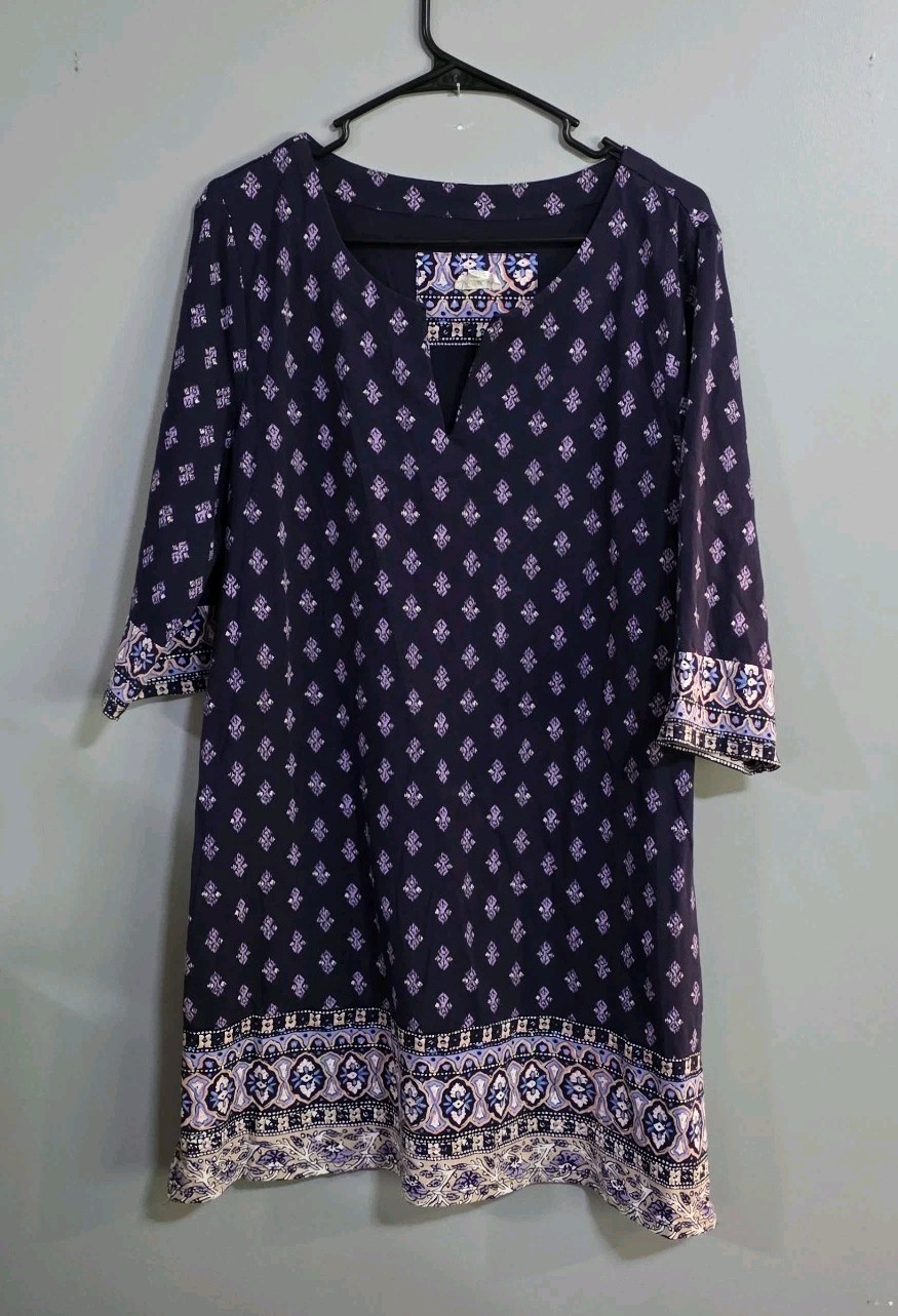 Lucky Brand Navy Purple Geometric Shift Dress Split Neck 3/4 Sleeve Knee XL