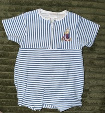 Vintage Carter s Baby Bubble Romper Blue White Stripe Teddy Tricycle 3-6M