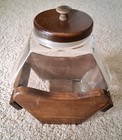 Vtg Large Glass Storage Hexagon Candy Merchant Canister w/Wood Lid & Wood Holder — photo 7