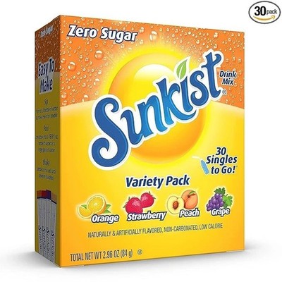 Sunkist Zero Sugar Variety Pack Singles-to-Go Powdered Drink Mix, 30 Count Packe