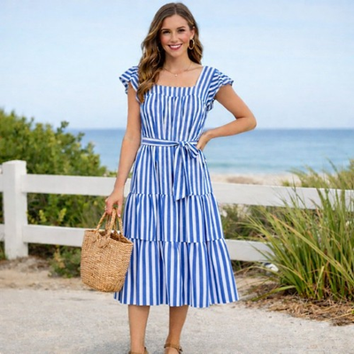 #ad Draper James Women Tiered Midi Sun Dress Size M Blue White Stripe Beachy Coastal $31.88