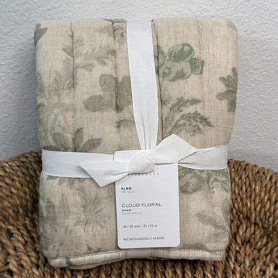 POTTERY BARN FLORAL CLOUD REVERSIBLE QUILTED (1) KING SHAM GREEN MULTI
