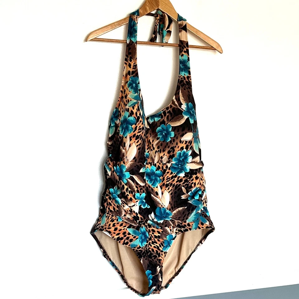 Traje de baño Newport News para mujer talla 24W estampado floral animal halter una pieza Foto 2 de 4