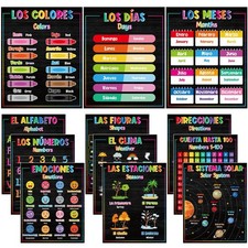 12 Pcs Spanish English Posters Bilingual Educational Classroom Decoration Lea...