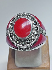 Vintage Sterling Silver Marcasite Carnelian Statement Ring 8.6g Sz. 8