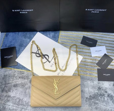 Saint Laurent Beige Quilted Chain Shoulder Ba...