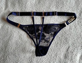 Bordelle thong, dark blue floral design, size S
