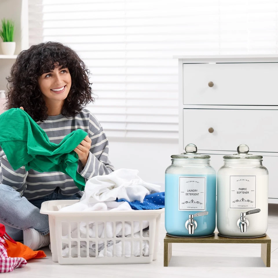 Paquete de 2 dispensadores de detergente para ropa de vidrio con soporte, vidrio a prueba de fugas de 106 oz F... Foto 3 de 4