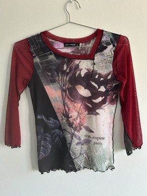 Vintage Cop Copine Rose Print Y2K 90s Jean Paul Gaultier Style Mesh Top