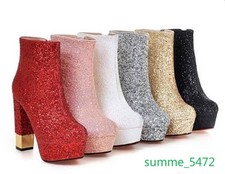 Women's High Block Heel Glitter Sequins Ankle Boots Wedding Dress Platform Shoes