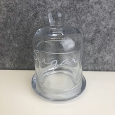 Clear Glass Sugar Bowl With Lid With Sugar Written On The Side In White Vintage