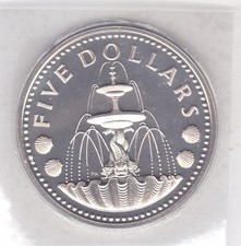 1974   Barbados  Large  Silver  Proof   Fountain    $  5   Coin