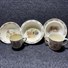 VTG Royal Doulton Bunnykins English China 5 Piece Child Dish Set Plate Bowl Cups