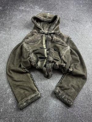 Gray Shearling Jacket Toggle Hooded Cropped Vintage Grunge Streetwear Style