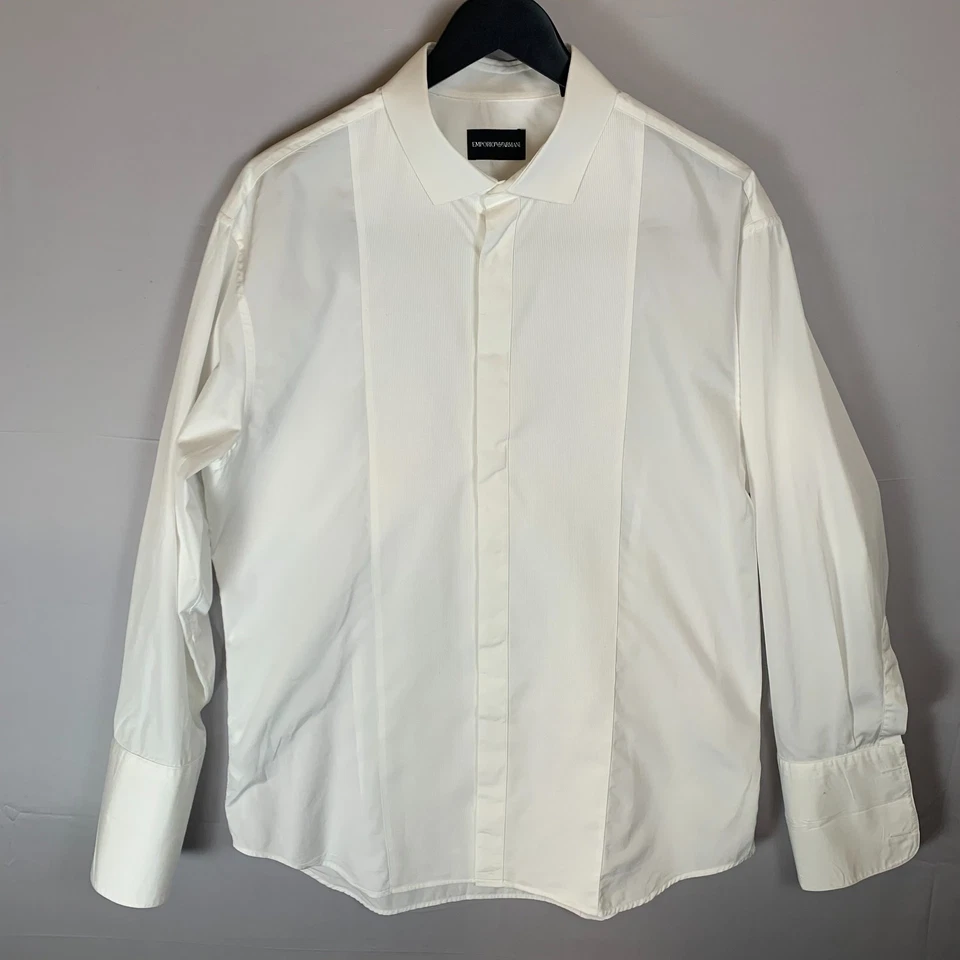Camisa Esmoquin ARMANI Hombres Abotonada Ropa Formal Calce Ajustado 100% Algodón Blanco 43 17 Foto 2 de 4