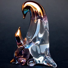 Penguin Mother Baby Figurine Blown Glass Gold Sculpture