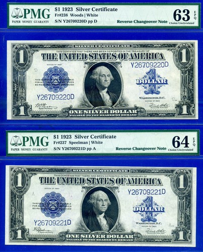 Certificado de plata de $1 de 1923 PMG 64EPQ buscado cambio inverso Fr 238 Fr 237